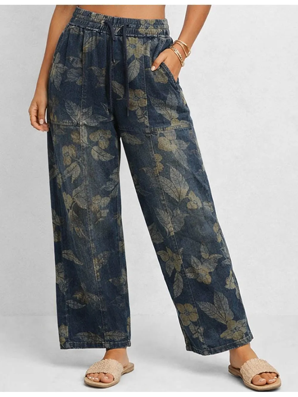 Graphic Elastic Waist Barrel Leg Denim Easy Pants