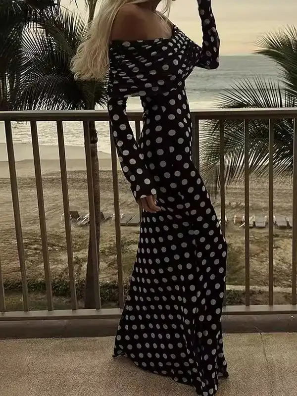 Sleeves Pleated Polka Dot Long Maxi Dress