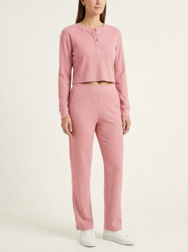 Women's Waffle-Knit Henley Boxy Crop Top and Straight-Leg Trouser Set