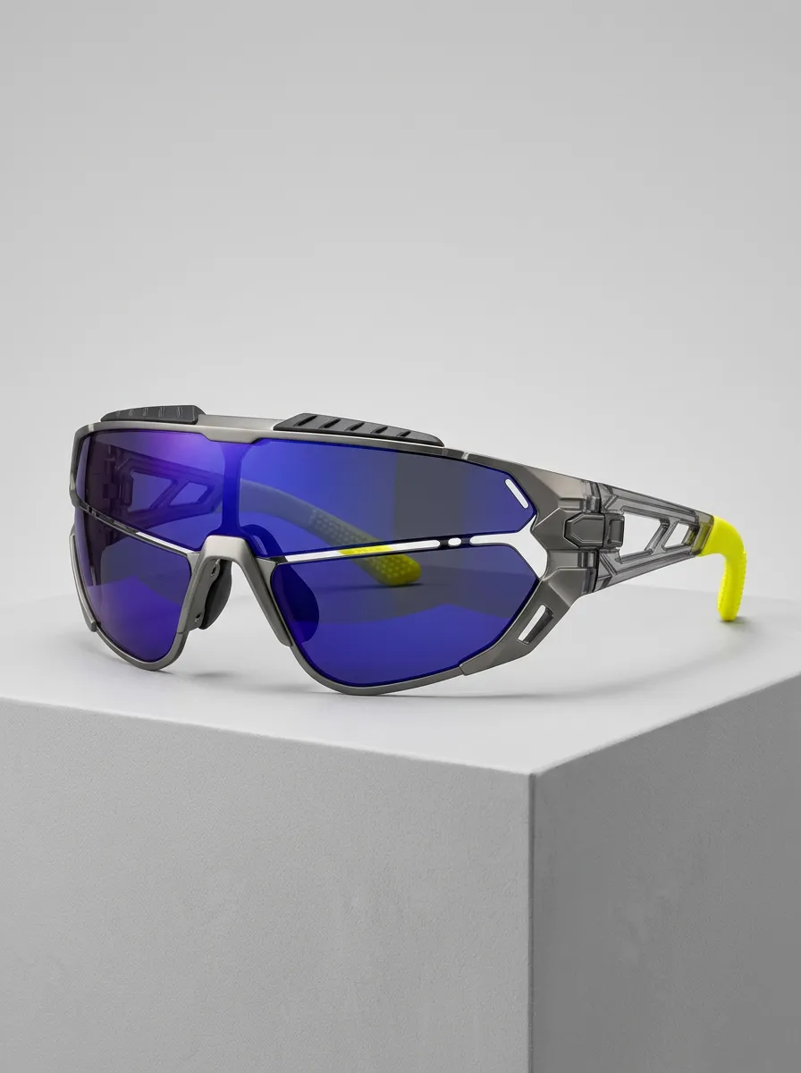 Men's Sport Cycling Blue Mirror Lens Neon Yellow Temple Sunglasses