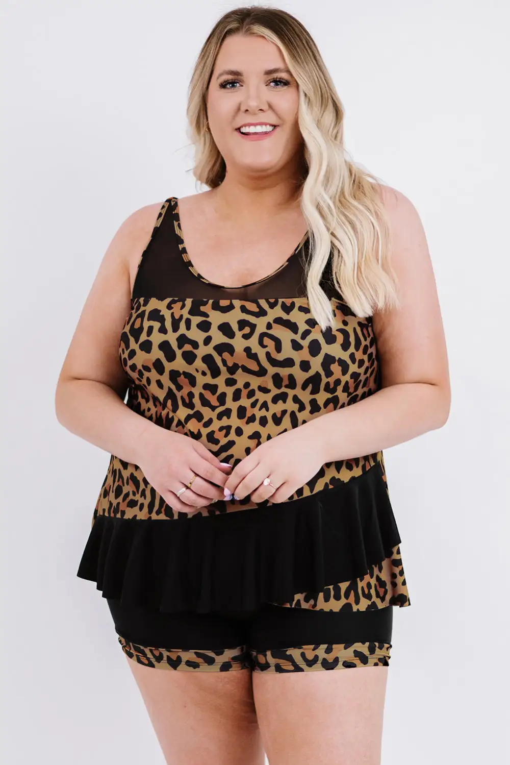 Swimwear Leopard Ruched Hem Plus Tankini Set