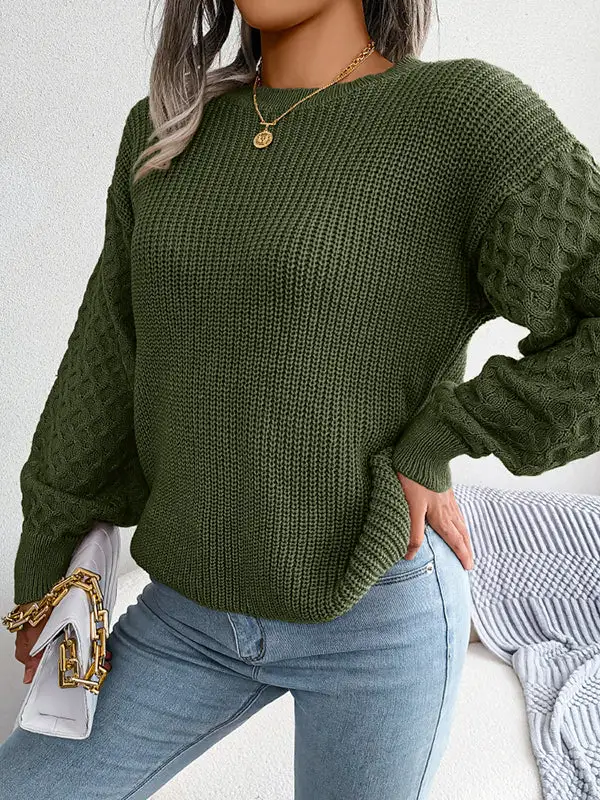 Cable Knit Round Neck Long Sleeve Relaxed Fit Sweater