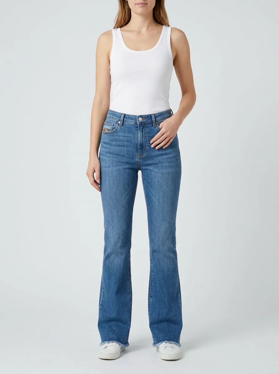 Women's Mid-Rise Frayed-Hem Whiskered Distressed Full-Length Flare Jeans