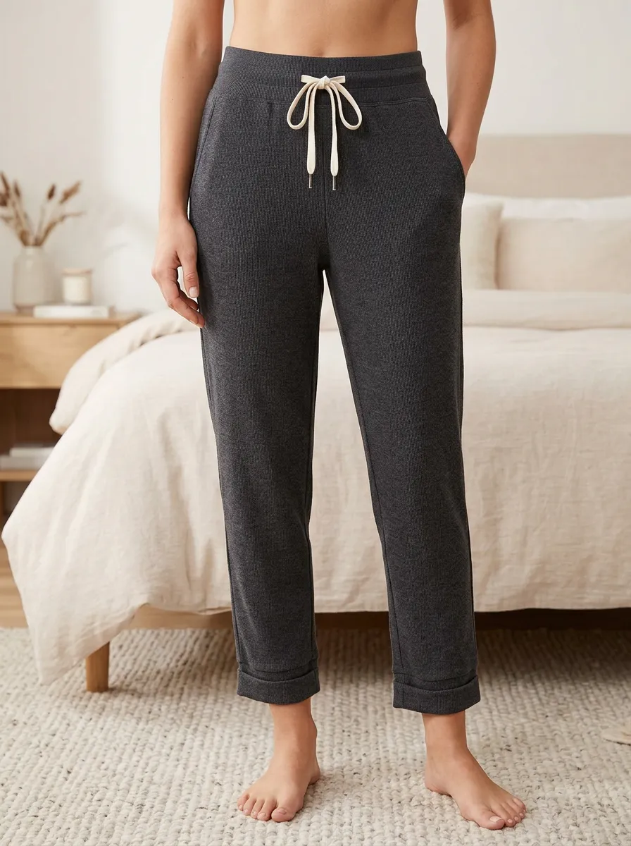 Women's Ribbed Drawstring Cuffed Refined Sleep Pants