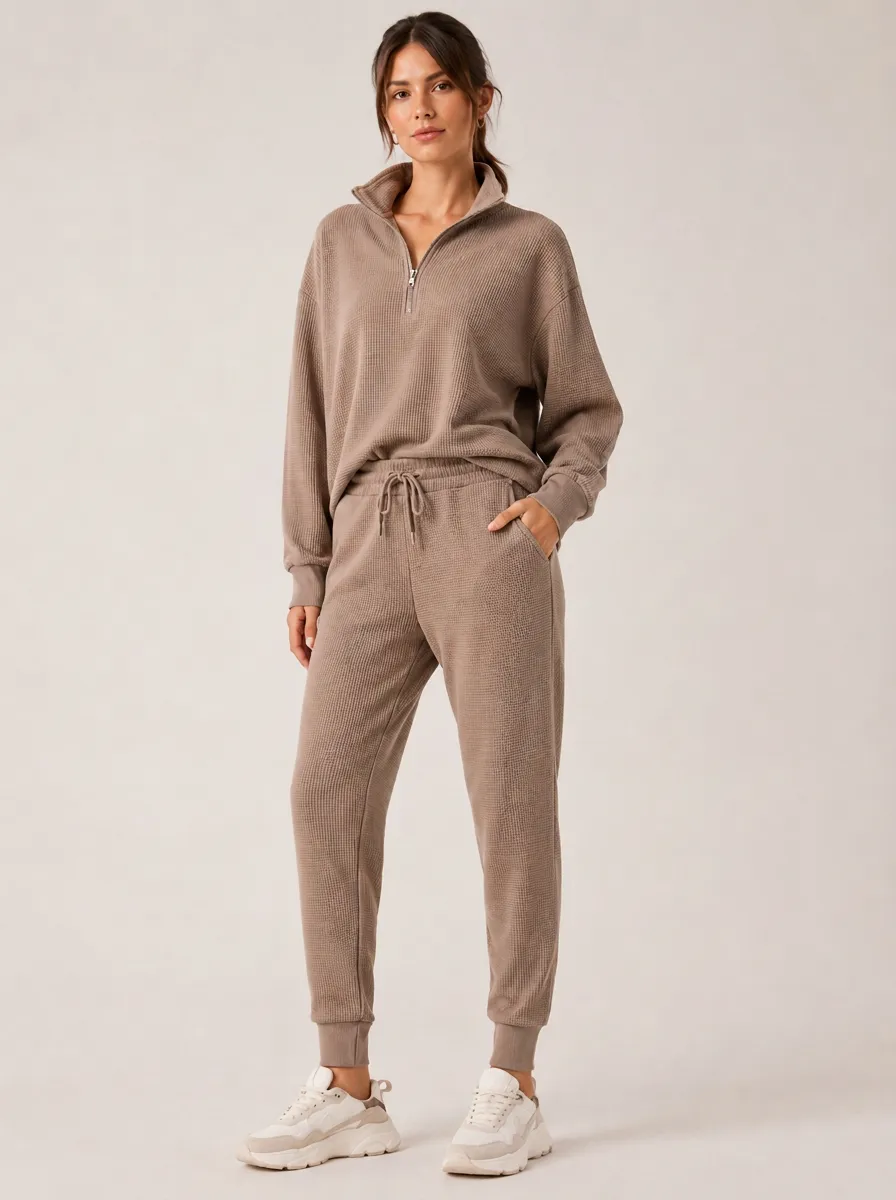 Women's Taupe Waffle Knit Quarter-Zip Lounge Set - Ribbed