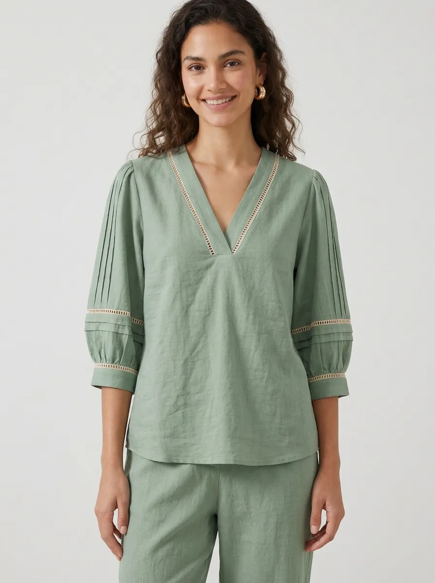 Short-Sleeve Pleated Lace-Detail Women's V-Neck Blouse