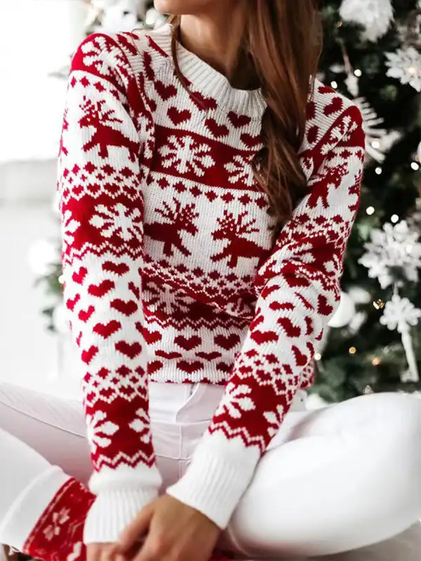 Floral Knit Floral Detail Round Neck Long Sleeve Pullover Sweater