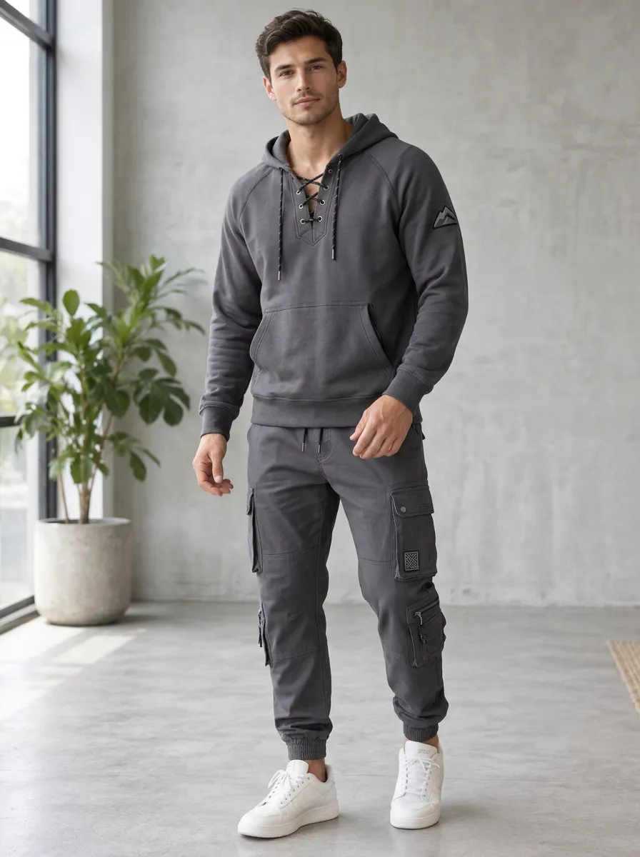 Functional Lace-Up Mountain Graphic Shape Men's Lace Up Hoodie And Cargo Jogger Set