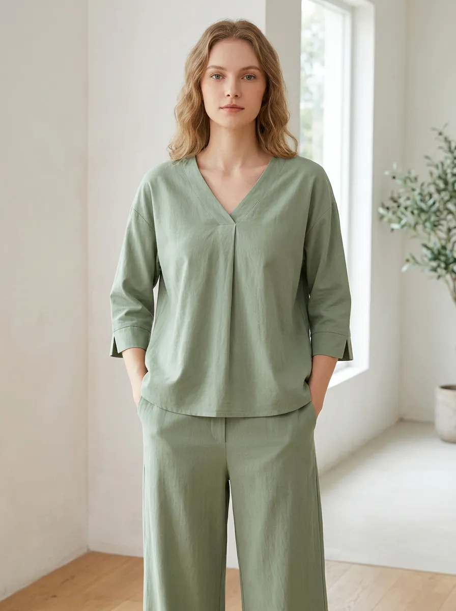 Short-Sleeve Three-Quarter-Sleeve Relaxed Women's V-Neck Casual Lounge Set