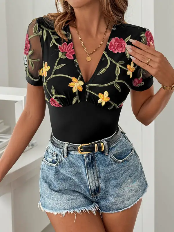 V Neck Mesh Stitching Jacquard Jumpsuit
