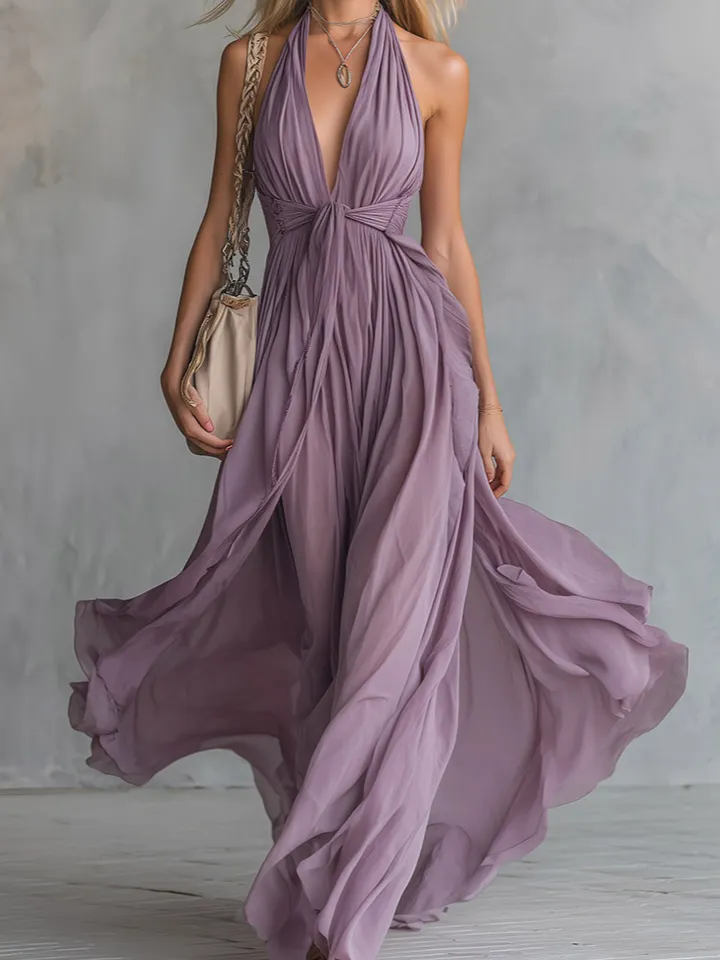 Ruched Halter Neck Flowing Maxi Dress