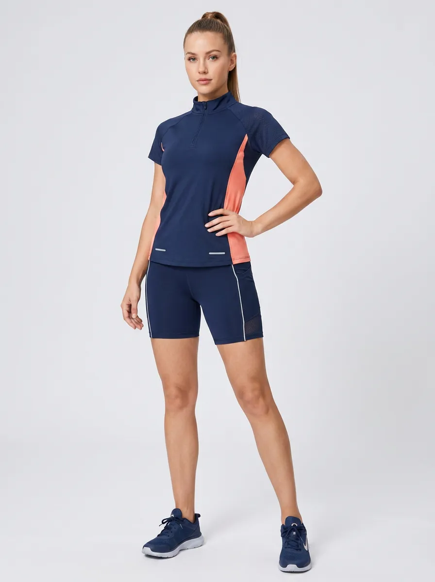 Women's Athletic Fitness Navy Coral Colorblock Printed Set