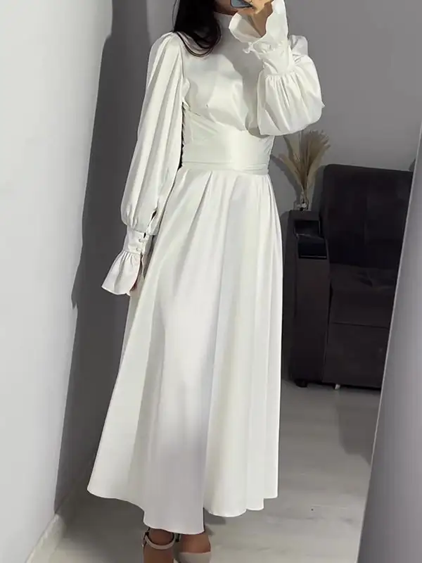 Sleeves Color Pleated Long Neck Maxi Dress