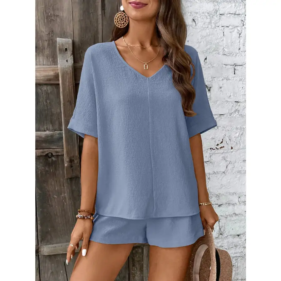 Relaxed Fit V Neck Top and Shorts Two Piece Set