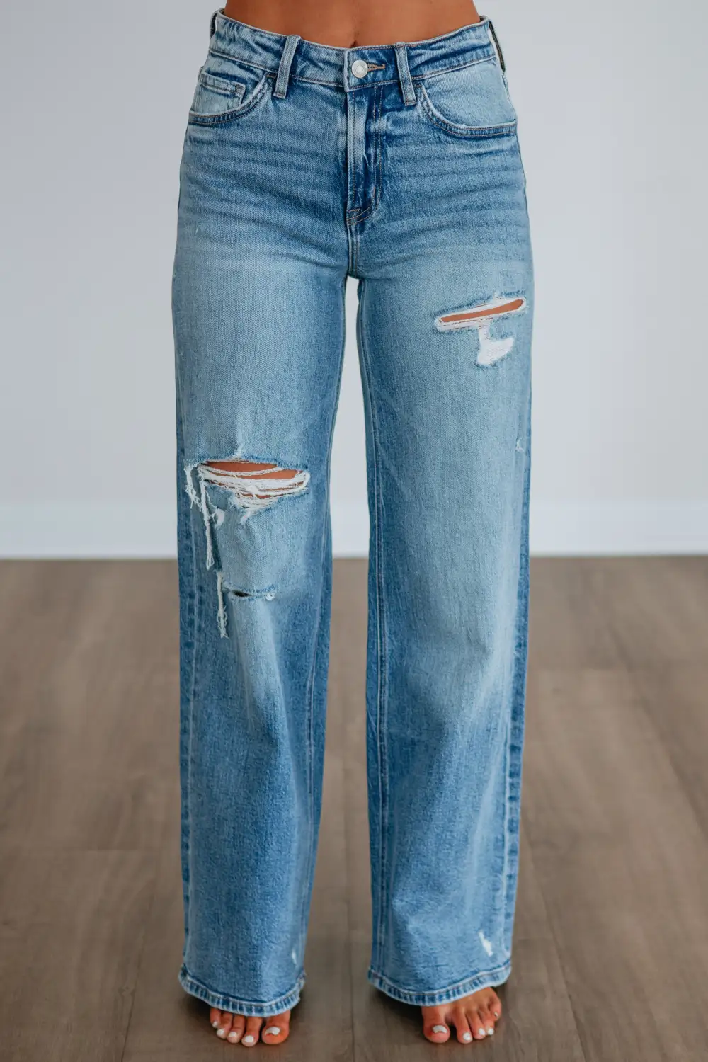 Women's High Rise Wide Leg Fading Whiskering Jeans