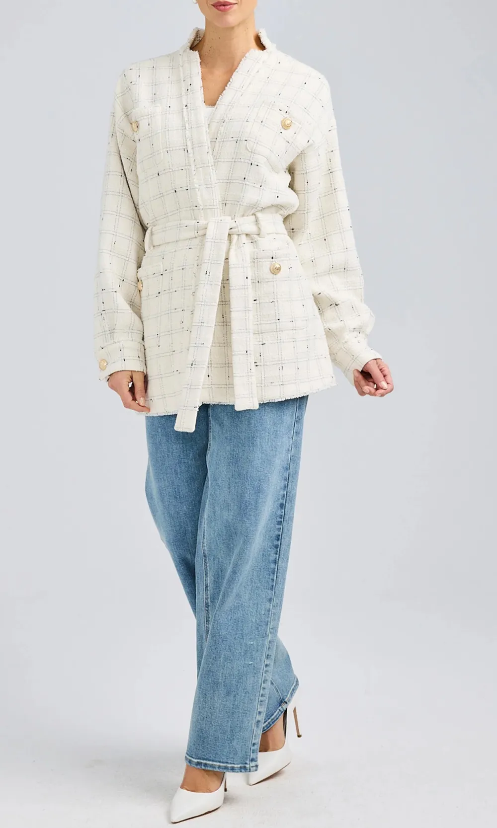 Tweed Mid-Length Tie-Down Jacket