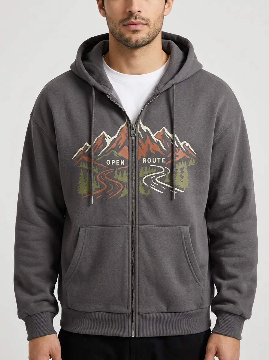Men's Outdoor Adventure Open Route Mountain Printed Zip Hoodie