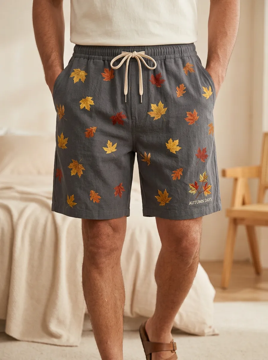 Leaf Print Elastic Waist Drawstring Shorts