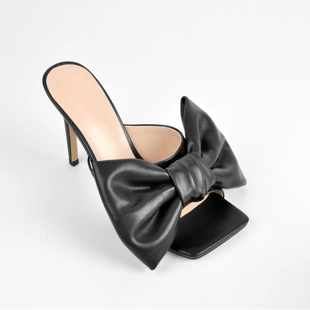 Bow Leather Square Toe High Stiletto Sandals