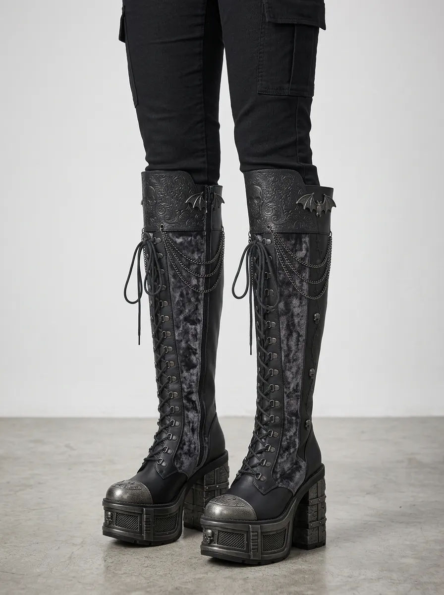 Gothic Revival Skull Bat Chain Silhouette Women's Gothic Platform Knee High Boots