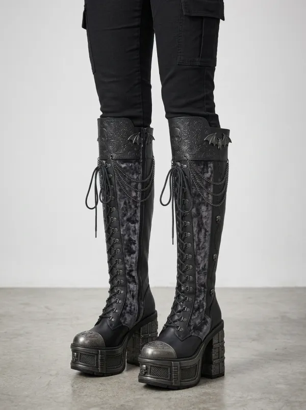 Gothic Revival Skull Bat Chain Silhouette Women's Gothic Platform Knee High Boots