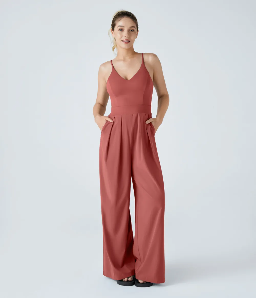 Breezeful Backless Side Invisible Zipper Pocket Wide Leg Quick Dry Resort Slip Jumpsuit