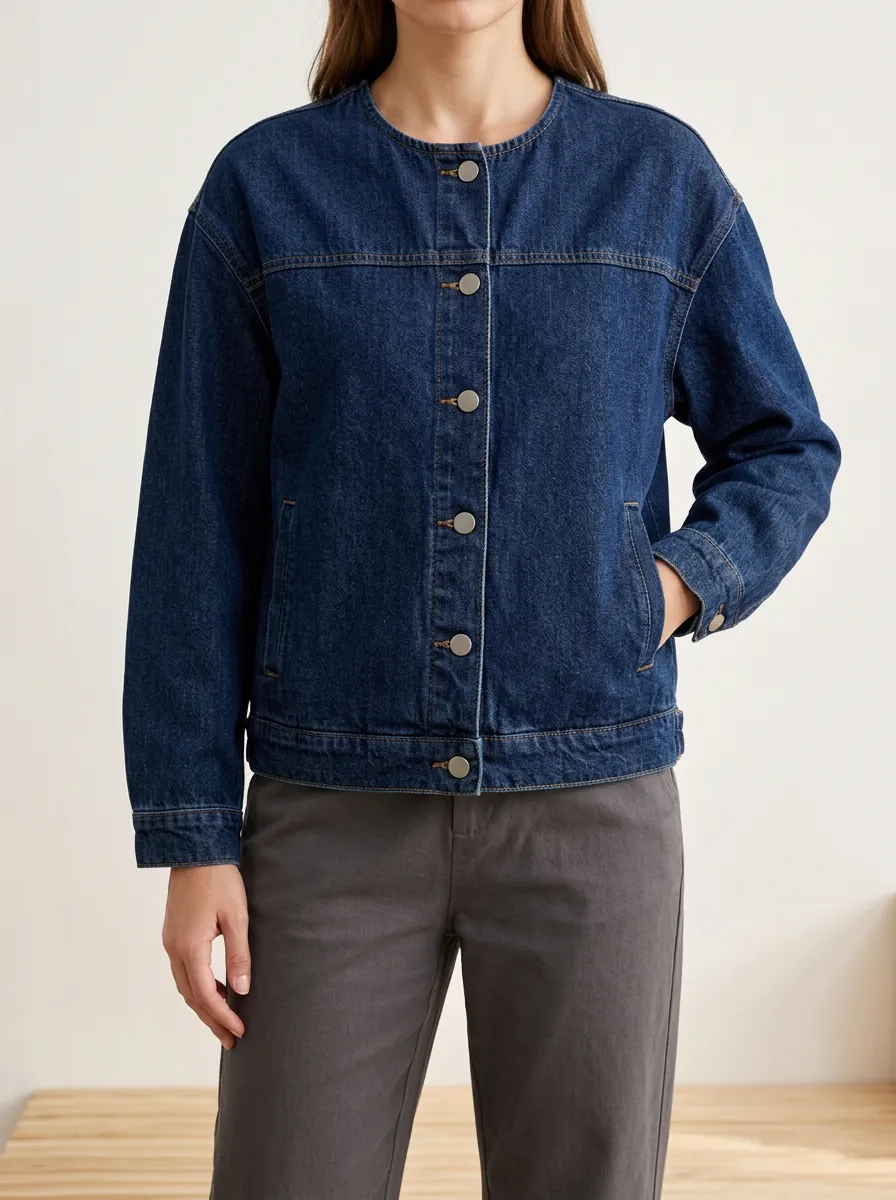 Collarless Crew Neck Women's Casual Denim Jacket