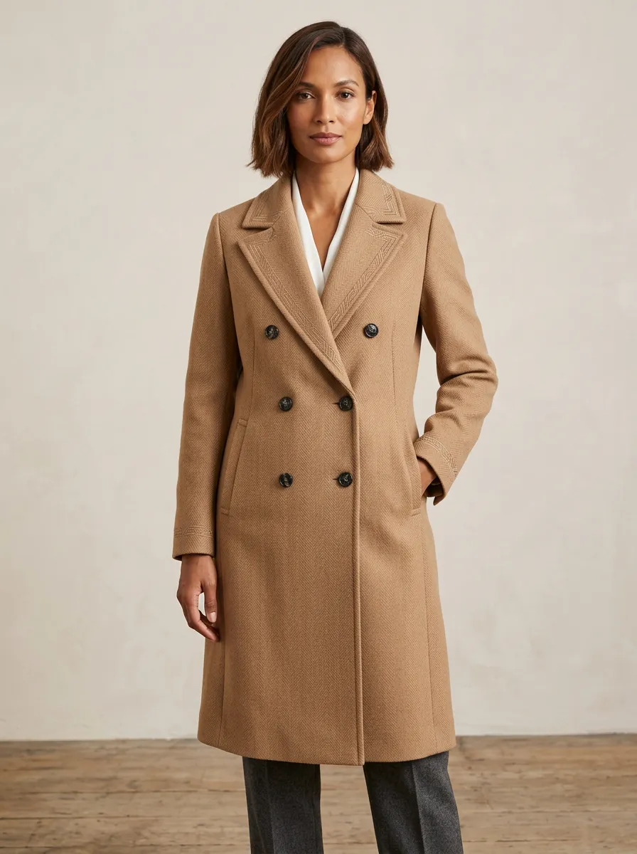 Women's Camel Herringbone Double-Breasted Wool Blend Coat
