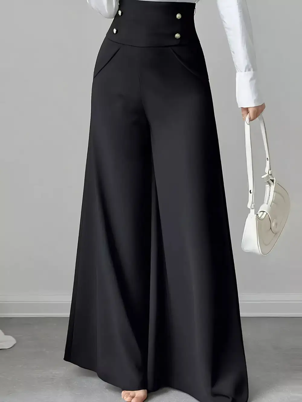 Wide Leg High Waist Button Detail Casual Pants
