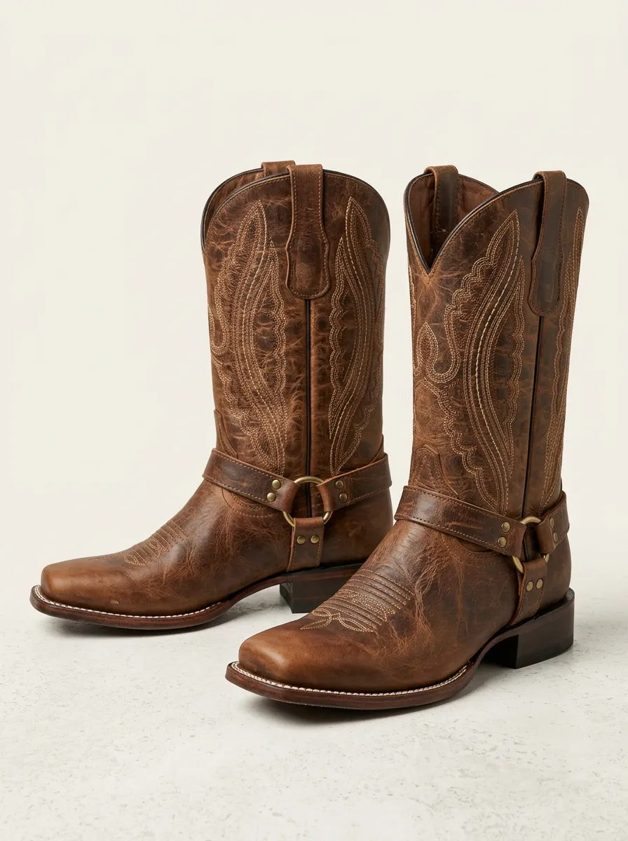 Men's Heritage Western Distressed Leather Embroidered Harness Boots