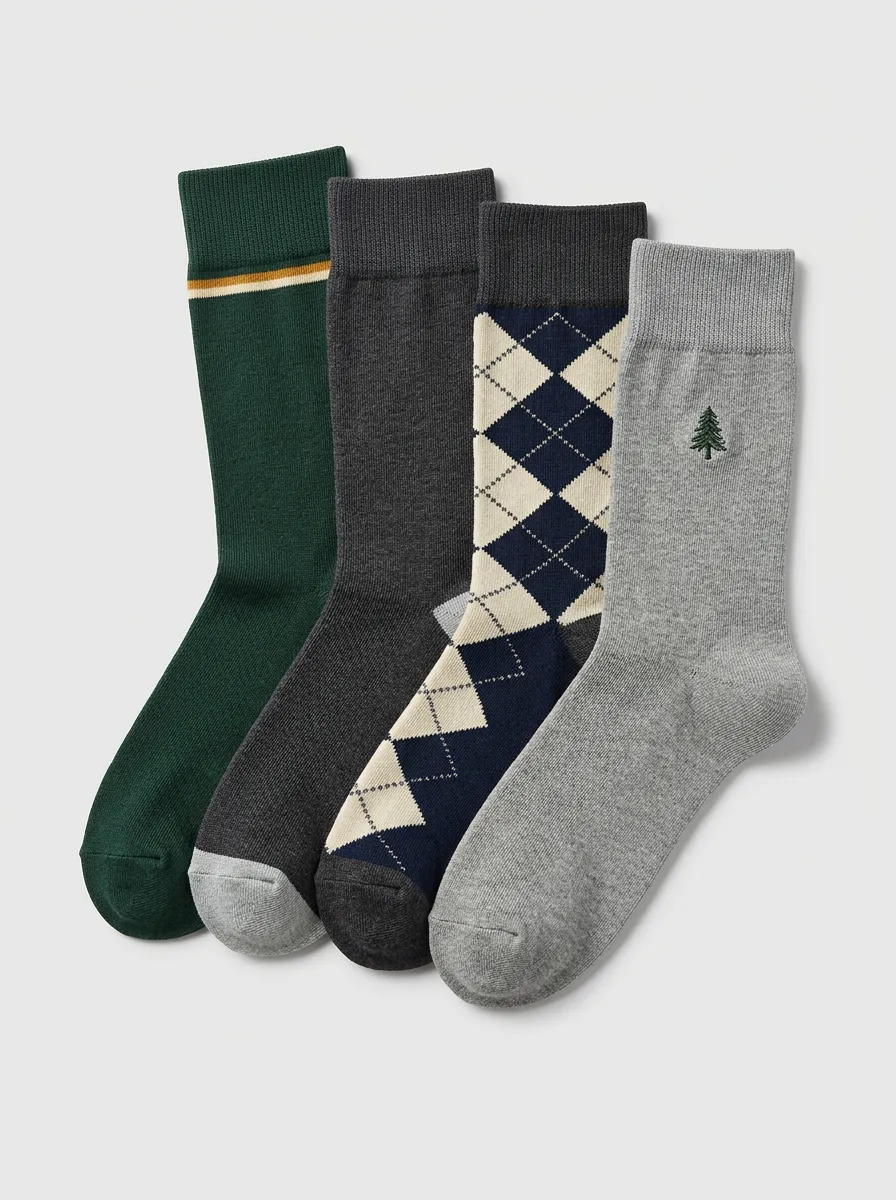 Men's Crew Socks Four-Pair Pack with Pine Tree Motif Argyle Striped Tree Motif