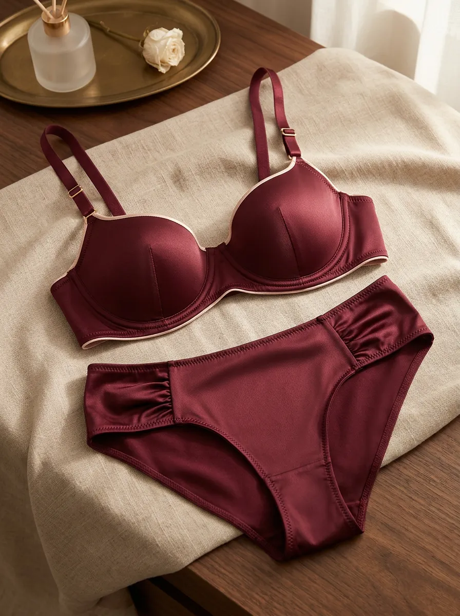 Women's Satin Contrast Trim Satin Satin Look Lingerie Set