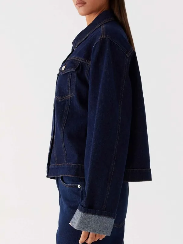 Button-Down Cropped Oversized Denim Jacket