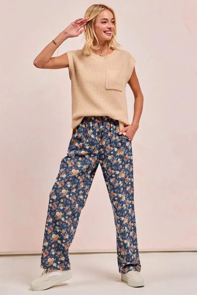Denim Floral Print High Rise Wide Leg Jeans