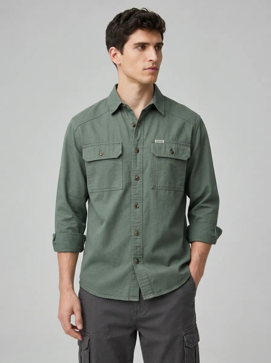 Men's Olive Green Utility Button-Down Shirt