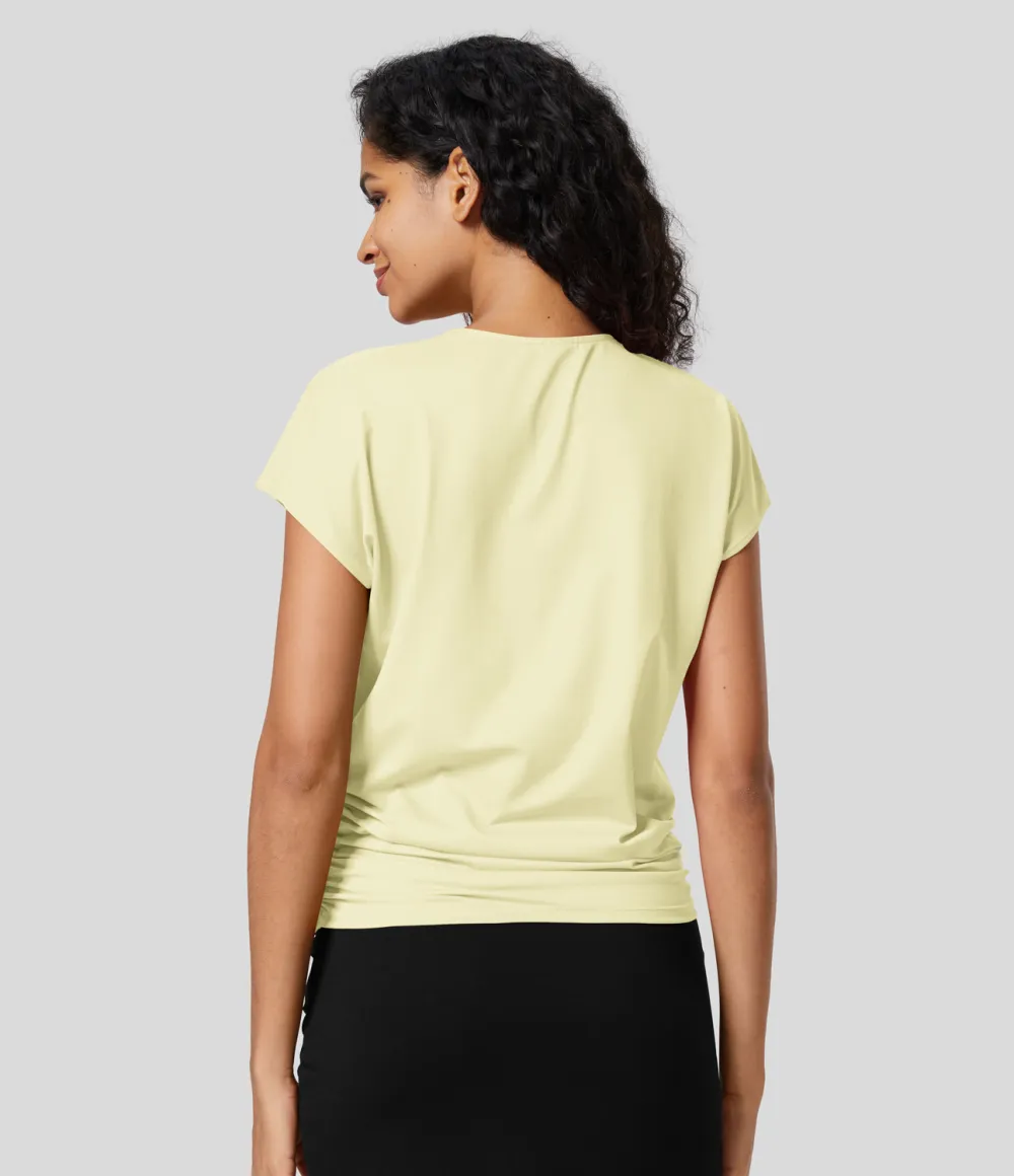 V Neck Cap Sleeve Crossover Ruched Solid Work Blouse