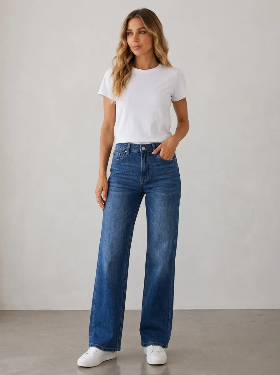 Women's Casual Daily Wear High-Waisted Wide Leg Denim Jeans
