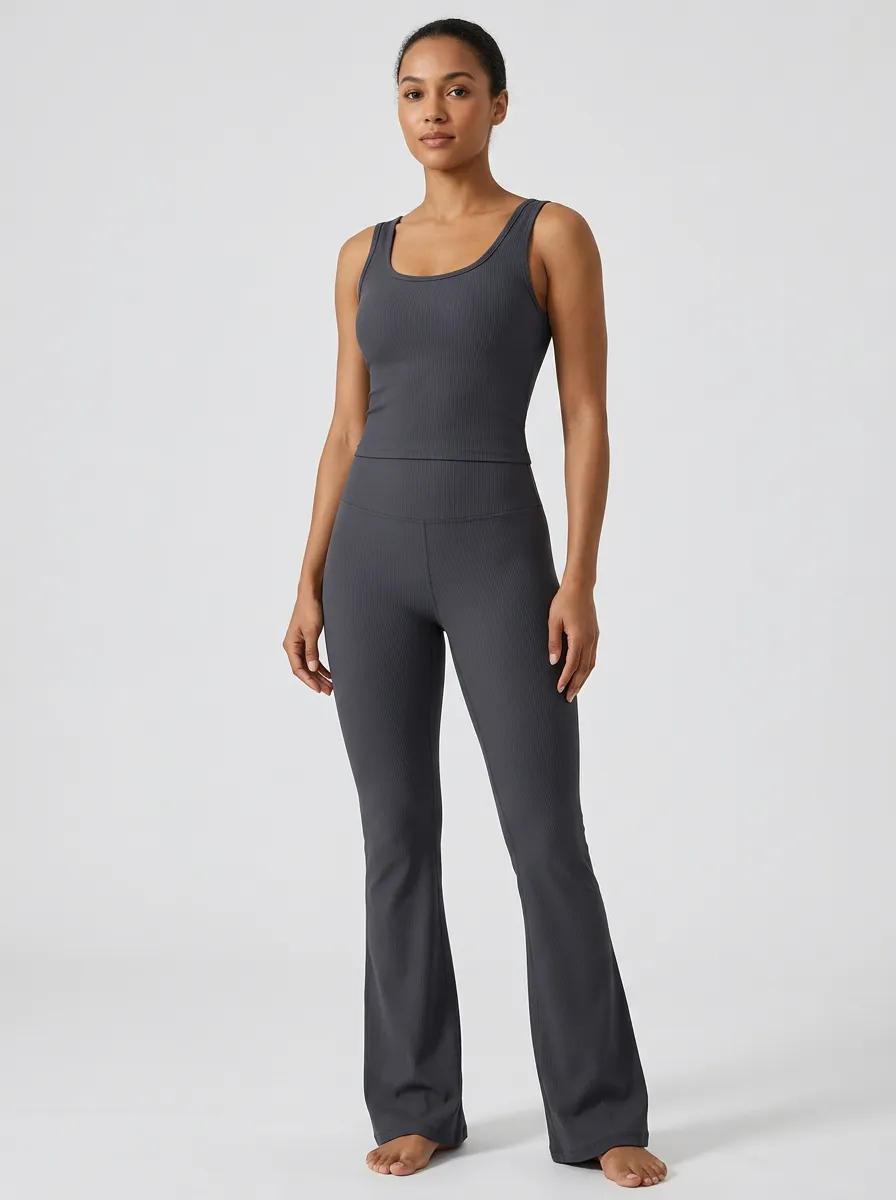 Women's Ribbed Yoga Sportswear Solid Grey Tank Top Flare Leggings Set
