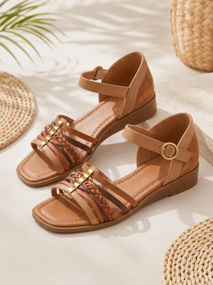 Women's Boho Summer Braided Strap Buckle Flat Sandals