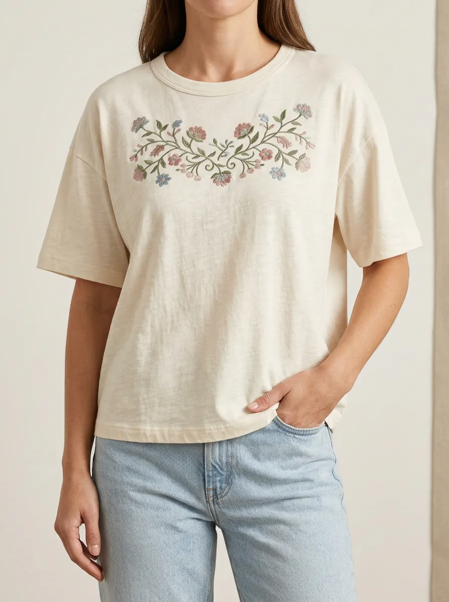 Daily Style Floral Print Embroidered Detail Women's Short Sleeve T Shirt