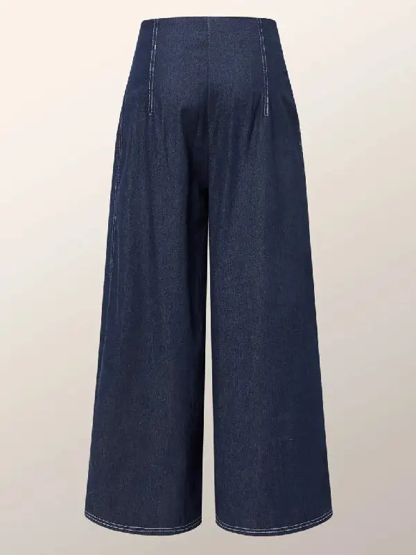 High Waist Relaxed Fit Wide Leg Seamed Pleated Jeans