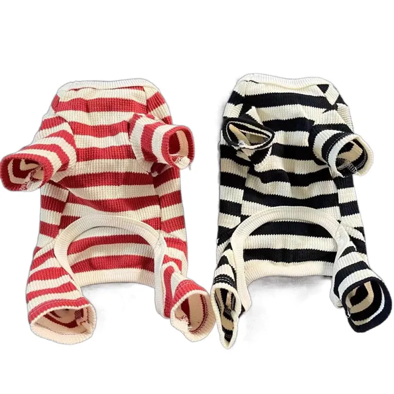 Cute Striped 4-Legged Pet Clothes, Breathable Knit Jumpsuit for Dogs & Cats, Cozy Indoor Pajamas for Small Breeds