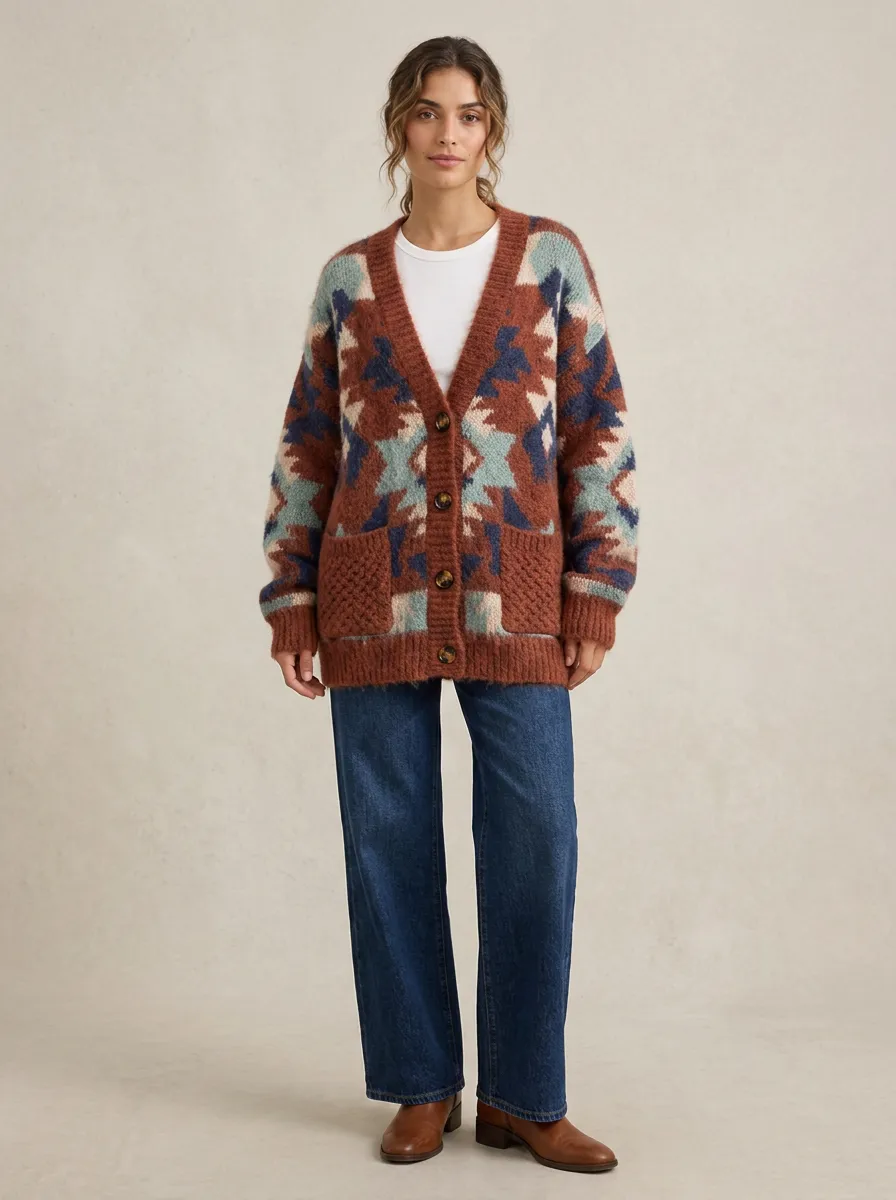Women's Rust Geometric Pattern V-Neck Cardigan