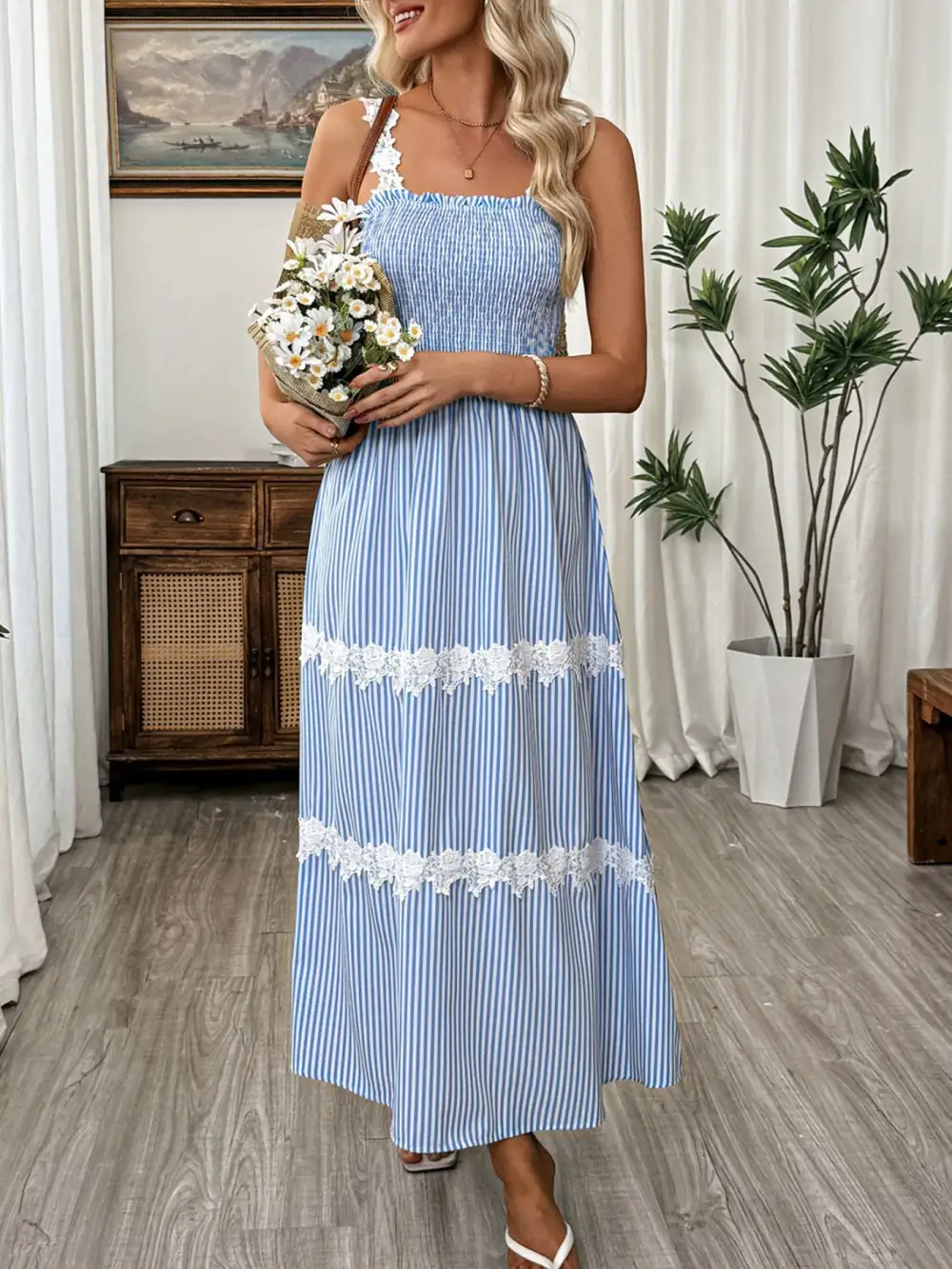 Striped Lace Smocked Midi Dress