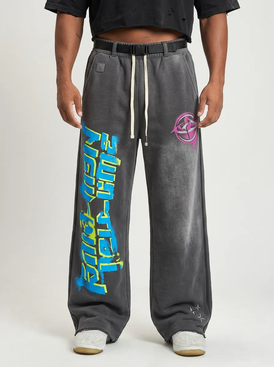 Men's Streetwear Graffiti Logo Acid Wash Printed Sweatpants