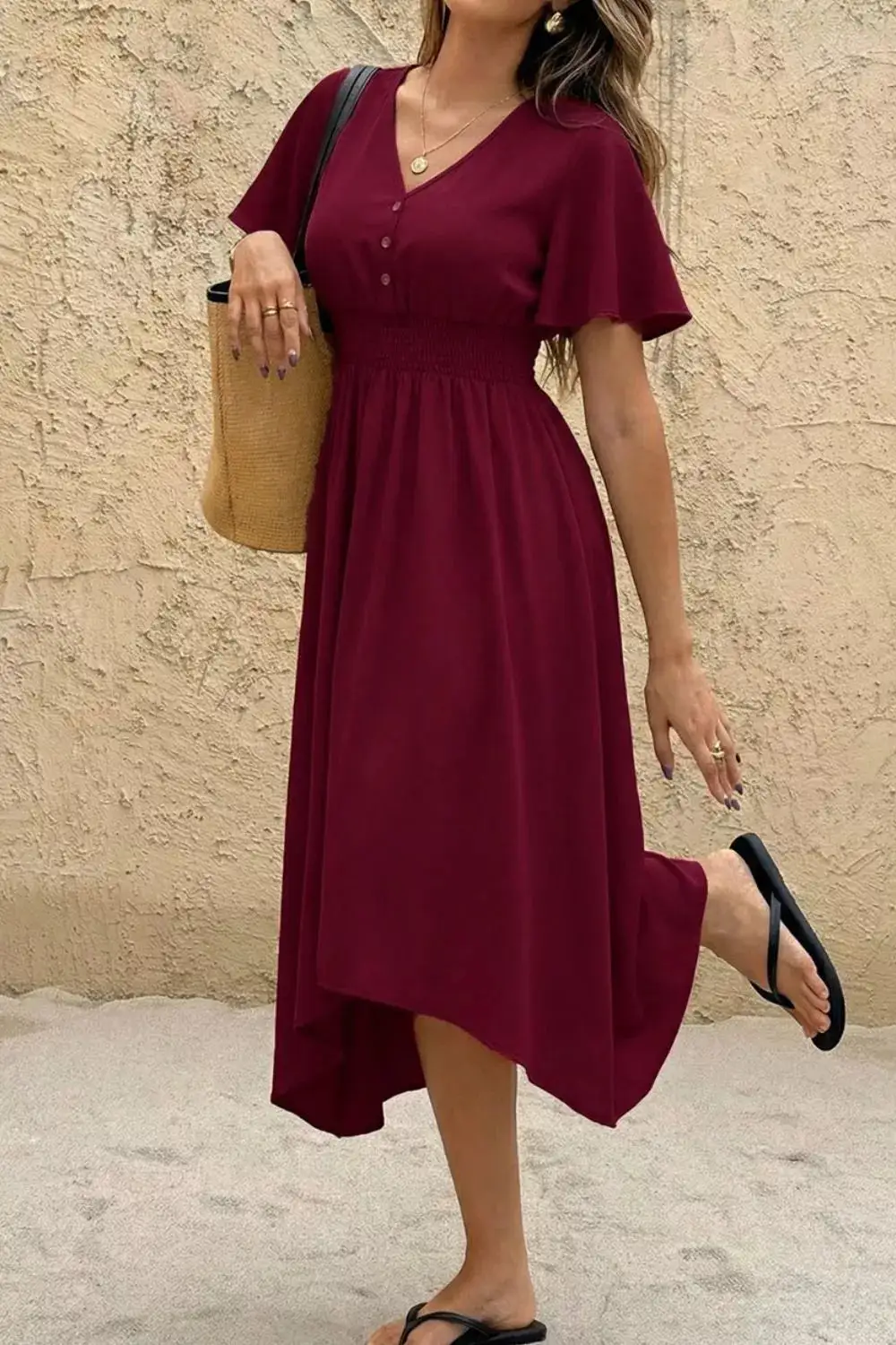 Flutter V-Neck Flutter Sleeve Midi Dress