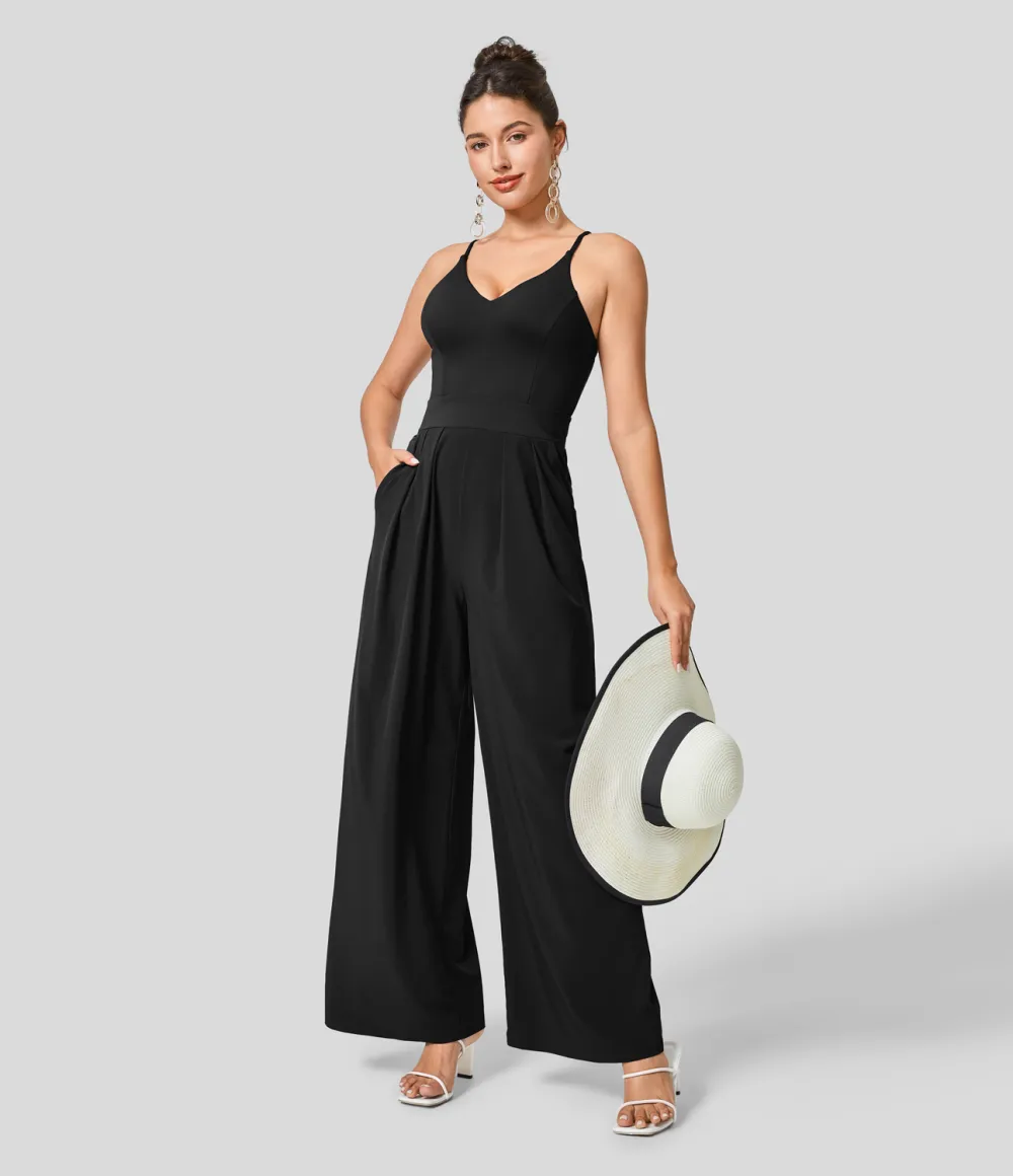 Breezeful Backless Side Invisible Zipper Pocket Wide Leg Quick Dry Resort Slip Jumpsuit