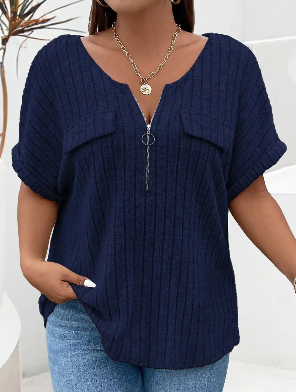 Ribbed V-Neck Knit Top
