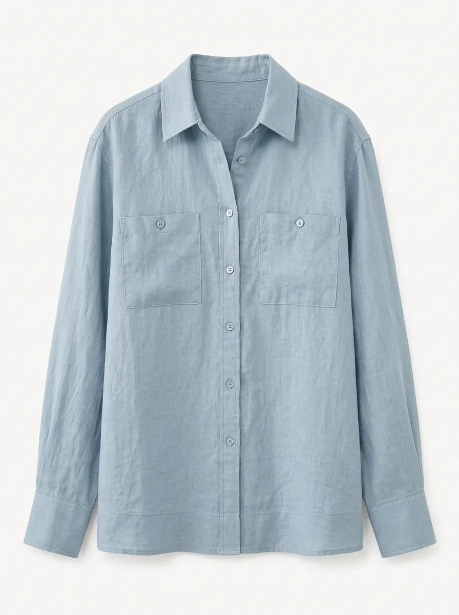 Women's Button Down Shirt Casual Blue Linen Blend