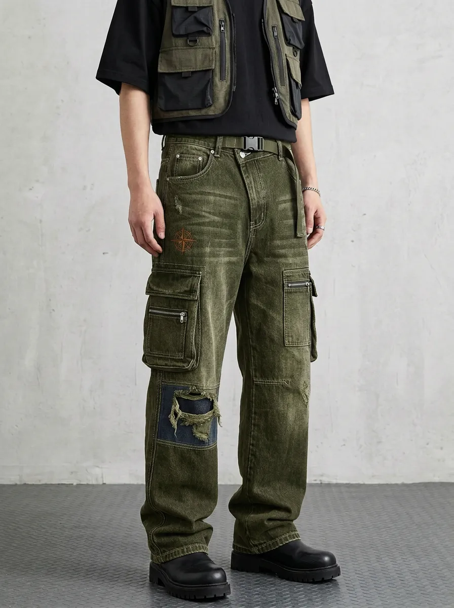 Men's Compass Graphic Distressed Multi-Pocket Cargo Jeans